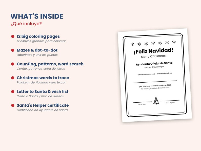 Op de afbeelding: Een tweetalige activiteitenboekpagina met een inhoudsopgave inclusief 12 kleurplaten, doolhoven, punt-tot-punt, tellen, patronen, woordzoekers, kerstwoorden, een brief aan de Kerstman en een certificaat voor hulpje van de Kerstman.