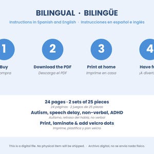 May include: A digital instructional graphic titled BILINGUAL BILING&Uuml;E with four blue numbered circles. Steps include Buy, Download the PDF, Print at home, and Have fun. It lists 24 pages, 2 sets of 25 pieces, and instructions to print, laminate, and add velcro dots.