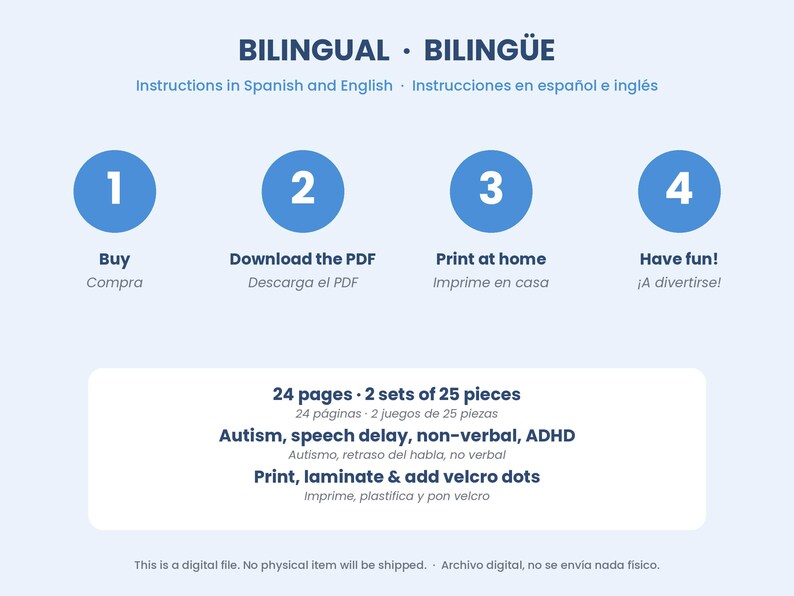 May include: A digital instructional graphic titled BILINGUAL BILING&Uuml;E with four blue numbered circles. Steps include Buy, Download the PDF, Print at home, and Have fun. It lists 24 pages, 2 sets of 25 pieces, and instructions to print, laminate, and add velcro dots.