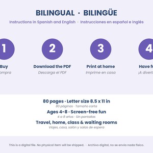 May include: A digital instructional graphic with purple circles numbered 1 through 4, detailing steps: Buy, Download the PDF, Print at home, and Have fun. It lists 80 pages, 8.5 x 11 inch letter size, ages 4-8, and usage for travel, home, class, and waiting rooms.