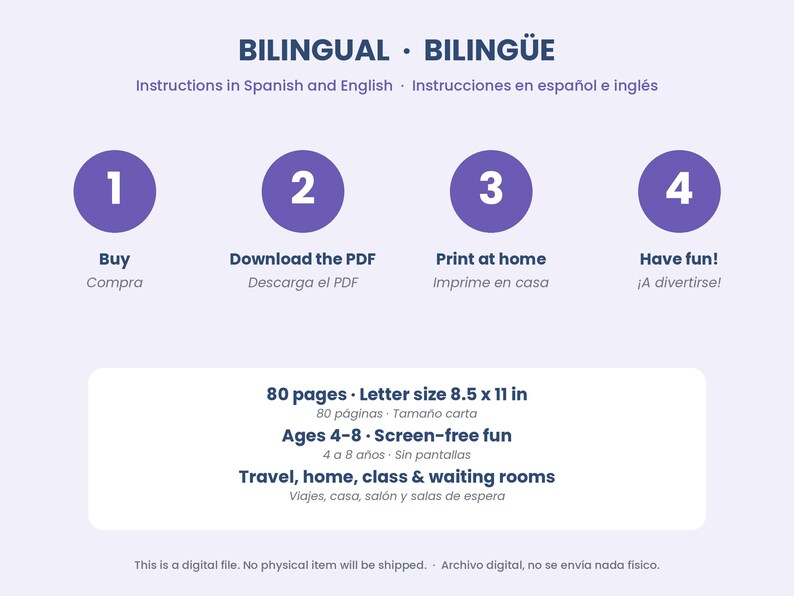 May include: A digital instructional graphic with purple circles numbered 1 through 4, detailing steps: Buy, Download the PDF, Print at home, and Have fun. It lists 80 pages, 8.5 x 11 inch letter size, ages 4-8, and usage for travel, home, class, and waiting rooms.