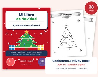 May include: A 38-page bilingual Christmas activity book titled Mi Libro de Navidad with a red cover featuring a green Christmas tree, gifts, and snowflakes. The interior pages include coloring activities, mazes, dot-to-dot, counting, and writing exercises for ages 3-7.