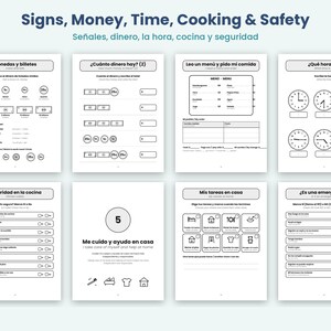 Life Skills Workbook for Teens, Bilingual Spanish English, Money, Time, Signs, Cooking, Special Education Printable image 2
