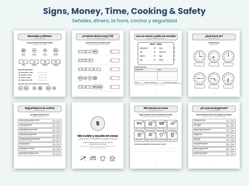 Life Skills Workbook for Teens, Bilingual Spanish English, Money, Time, Signs, Cooking, Special Education Printable image 2