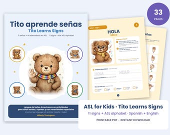 Op de afbeelding: Een 33-pagina tellend printbaar PDF-bestand getiteld Tito aprende señas Tito Learns Signs met een bruine teddybeer. Het educatieve materiaal bevat lessen in Amerikaanse gebarentaal, het ASL-alfabet en activiteiten in het Spaans en Engels.