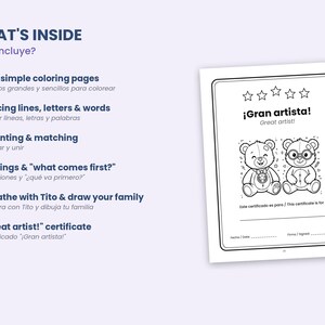 May include: A white page with the text WHAT'S INSIDE and a list of features including coloring pages, tracing, counting, feelings, and breathing exercises. To the right is a Great artist certificate featuring two teddy bears.
