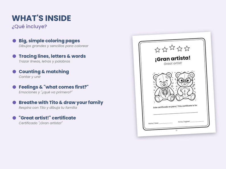 May include: A white page with the text WHAT'S INSIDE and a list of features including coloring pages, tracing, counting, feelings, and breathing exercises. To the right is a Great artist certificate featuring two teddy bears.