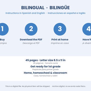 Op de afbeelding: Een digitaal document getiteld BILINGUAL BILING&Uuml;E met instructies in het Engels en Spaans. Het bevat vier genummerde blauwe cirkels voor de stappen: Buy, Download the PDF, Print at home, Have fun. Het bevat 45 pagina's, letterformaat 21,59 x 27,94 cm, voor groep 3.