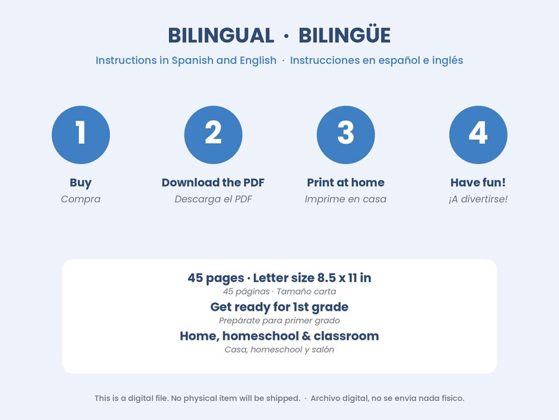 Op de afbeelding: Een digitaal document getiteld BILINGUAL BILING&Uuml;E met instructies in het Engels en Spaans. Het bevat vier genummerde blauwe cirkels voor de stappen: Buy, Download the PDF, Print at home, Have fun. Het bevat 45 pagina's, letterformaat 21,59 x 27,94 cm, voor groep 3.