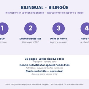 May include: A digital instructional graphic for a 38-page PDF activity set, letter size 8.5 x 11 inches. It features four purple numbered circles with steps: Buy, Download the PDF, Print at home, and Have fun, in both English and Spanish.
