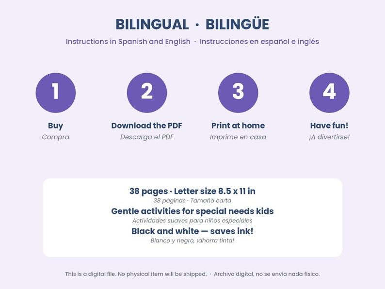 May include: A digital instructional graphic for a 38-page PDF activity set, letter size 8.5 x 11 inches. It features four purple numbered circles with steps: Buy, Download the PDF, Print at home, and Have fun, in both English and Spanish.