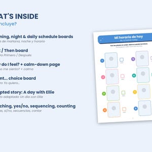 May include: A visual schedule worksheet titled Mi horario de hoy with eight numbered, colorful dashed-line boxes for placing icons and corresponding checkboxes. The text lists contents including morning, night, and daily schedule boards.