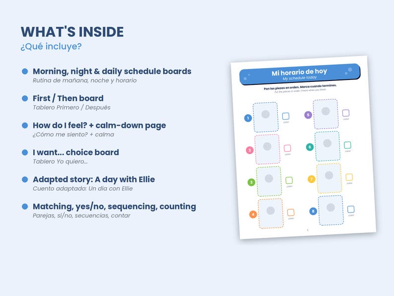 May include: A visual schedule worksheet titled Mi horario de hoy with eight numbered, colorful dashed-line boxes for placing icons and corresponding checkboxes. The text lists contents including morning, night, and daily schedule boards.