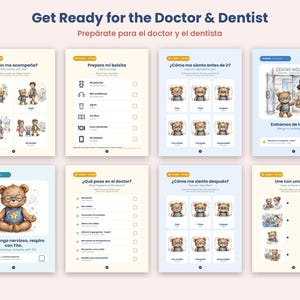 May include: A set of eight educational activity sheets titled Get Ready for the Doctor & Dentist, featuring illustrations of a teddy bear named Tito, checklists, and matching exercises to help children prepare for medical and dental visits.