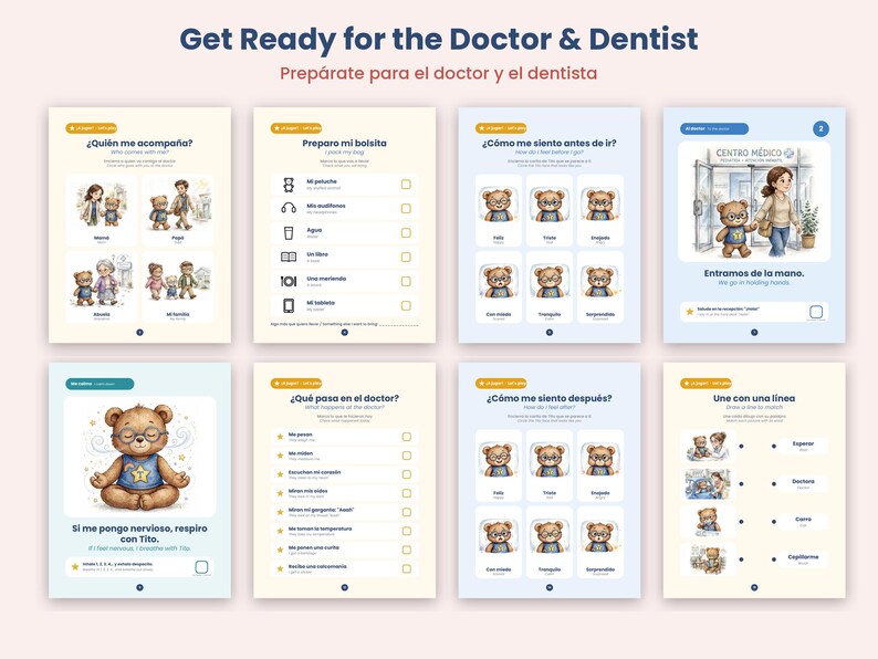 May include: A set of eight educational activity sheets titled Get Ready for the Doctor & Dentist, featuring illustrations of a teddy bear named Tito, checklists, and matching exercises to help children prepare for medical and dental visits.