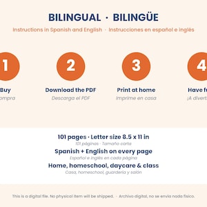 May include: A digital document guide titled BILINGUAL BILING&Uuml;E with instructions in English and Spanish. It outlines four steps: Buy, Download the PDF, Print at home, and Have fun. It specifies 101 pages, letter size 8.5 x 11 in.