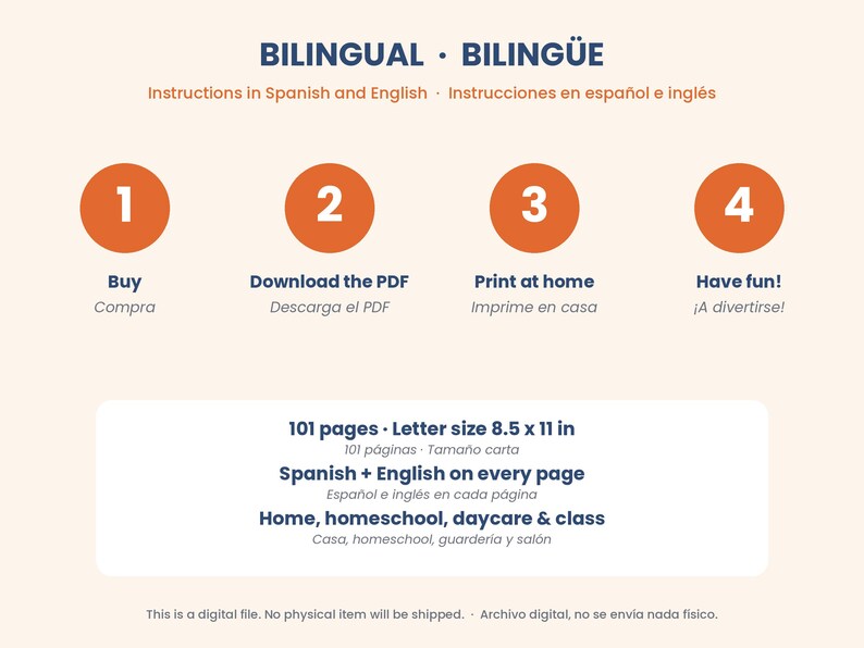 May include: A digital document guide titled BILINGUAL BILING&Uuml;E with instructions in English and Spanish. It outlines four steps: Buy, Download the PDF, Print at home, and Have fun. It specifies 101 pages, letter size 8.5 x 11 in.