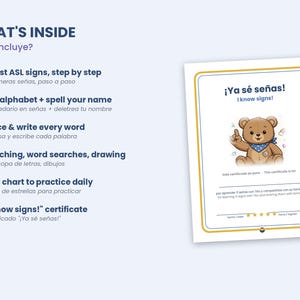 May include: An educational workbook titled WHAT'S INSIDE featuring 11 ASL signs, alphabet practice, tracing, matching, word searches, a star chart, and an I know signs certificate with a cartoon bear illustration and text.