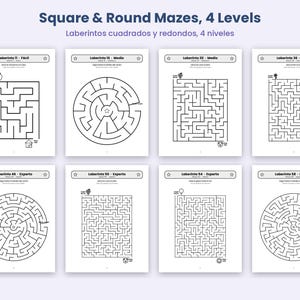May include: A collection of eight printable maze activity sheets titled Square & Round Mazes, 4 Levels. The pages feature black and white square and circular maze designs with varying difficulty levels, including icons like apples, stars, and suns.