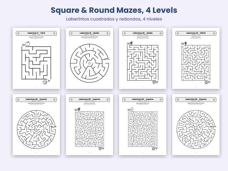 May include: A collection of eight printable maze activity sheets titled Square & Round Mazes, 4 Levels. The pages feature black and white square and circular maze designs with varying difficulty levels, including icons like apples, stars, and suns.