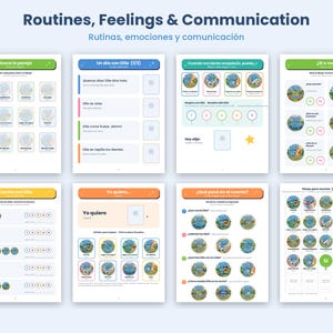 May include: A set of eight educational activity sheets titled Routines, Feelings & Communication. The pages feature colorful illustrations of a blue character named Ellie, with various tasks including matching, counting, and identifying emotions.