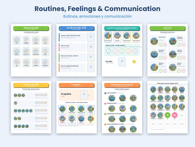 May include: A set of eight educational activity sheets titled Routines, Feelings & Communication. The pages feature colorful illustrations of a blue character named Ellie, with various tasks including matching, counting, and identifying emotions.