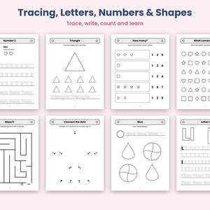 May include: A collection of eight educational worksheets titled Tracing, Letters, Numbers & Shapes. The pages feature black and white line art including number tracing, shape drawing, counting exercises, pattern completion, a maze, and letter practice.