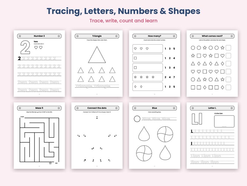 May include: A collection of eight educational worksheets titled Tracing, Letters, Numbers & Shapes. The pages feature black and white line art including number tracing, shape drawing, counting exercises, pattern completion, a maze, and letter practice.