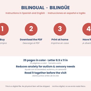 May include: A digital instructional graphic titled BILINGUAL BILING&Uuml;E with four red circles numbered 1 through 4. Text includes Buy, Download the PDF, Print at home, Have fun, 25 pages in color, Letter 8.5 x 11 in, Reduces anxiety for autism & sensory needs, and Read it together before the visit.