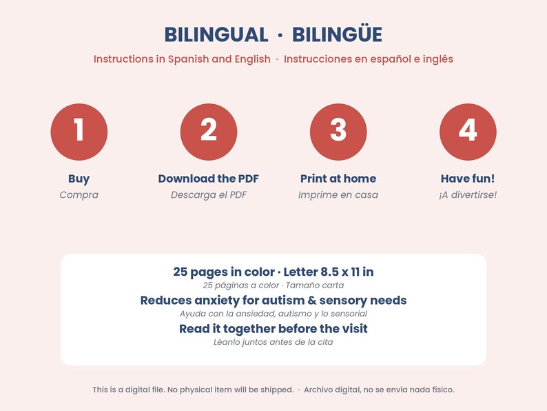 May include: A digital instructional graphic titled BILINGUAL BILING&Uuml;E with four red circles numbered 1 through 4. Text includes Buy, Download the PDF, Print at home, Have fun, 25 pages in color, Letter 8.5 x 11 in, Reduces anxiety for autism & sensory needs, and Read it together before the visit.