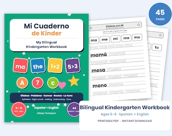 May include: A bilingual kindergarten workbook titled Mi Cuaderno de Kinder with a green cover featuring colorful squares with letters and numbers, plus interior pages showing Spanish syllable tracing exercises. The cover includes the text My Bilingual Kindergarten Workbook, 45 pages, and ages 5-6. The workbook is designed for Spanish and English learning.