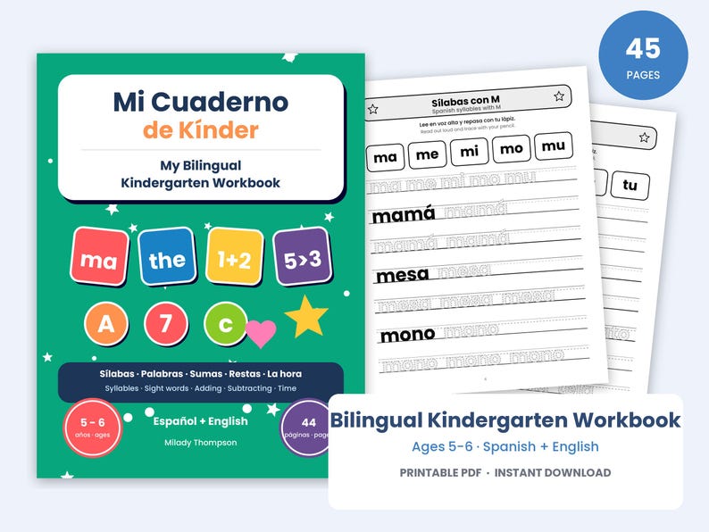 Op de afbeelding: Een tweetalig kleuterwerkboek getiteld Mi Cuaderno de Kinder met een groene kaft met kleurrijke vierkanten met letters en cijfers, plus binnenpagina's met Spaanse lettergreep-oefeningen. De kaft bevat de tekst My Bilingual Kindergarten Workbook, 45 pages en ages 5-6. Het werkboek is bedoeld voor Spaans en Engels.