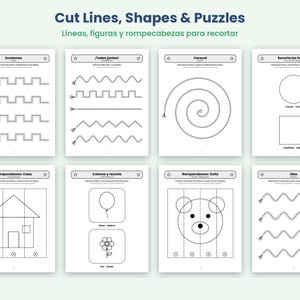 May include: A collection of eight educational worksheets titled Cut Lines, Shapes & Puzzles. Each page features black and white dashed lines for cutting practice, geometric shapes, and simple puzzles including a house, bear, balloon, and flower.