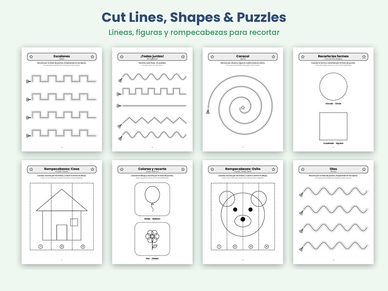 May include: A collection of eight educational worksheets titled Cut Lines, Shapes & Puzzles. Each page features black and white dashed lines for cutting practice, geometric shapes, and simple puzzles including a house, bear, balloon, and flower.