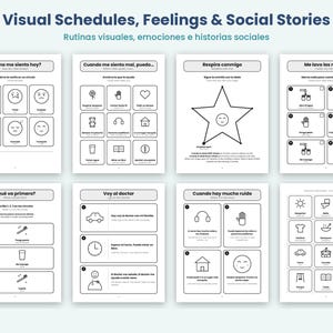May include: A set of eight educational worksheets titled Visual Schedules, Feelings & Social Stories. Each page features black and white line art icons, text in Spanish and English, and structured grids for tracking daily routines, emotions, and social behaviors.