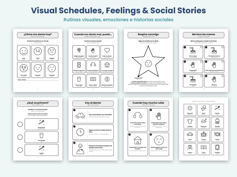 May include: A set of eight educational worksheets titled Visual Schedules, Feelings & Social Stories. Each page features black and white line art icons, text in Spanish and English, and structured grids for tracking daily routines, emotions, and social behaviors.
