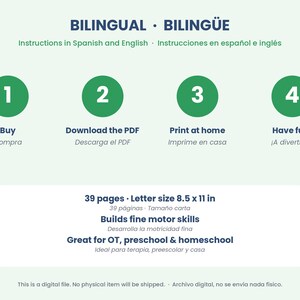 May include: A digital instructional graphic titled BILINGUAL BILING&Uuml;E with four green circles numbered 1 through 4. Text includes Buy, Download the PDF, Print at home, Have fun, 39 pages, Letter size 8.5 x 11 in, Builds fine motor skills, and Great for OT, preschool & homeschool.