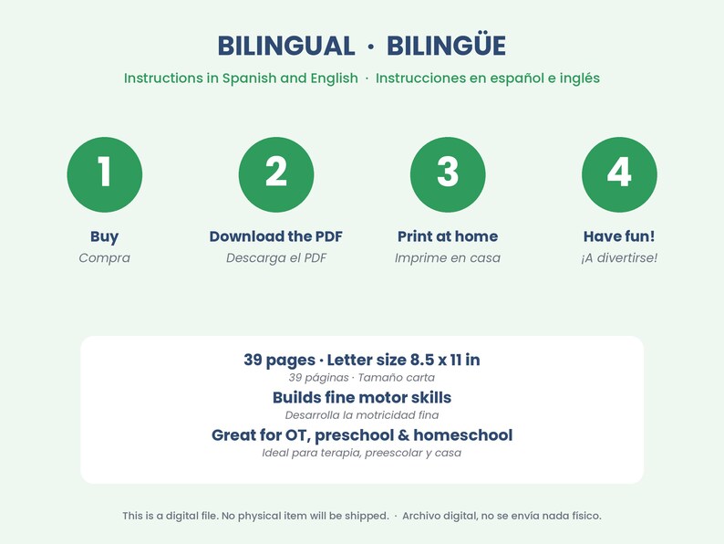 May include: A digital instructional graphic titled BILINGUAL BILING&Uuml;E with four green circles numbered 1 through 4. Text includes Buy, Download the PDF, Print at home, Have fun, 39 pages, Letter size 8.5 x 11 in, Builds fine motor skills, and Great for OT, preschool & homeschool.