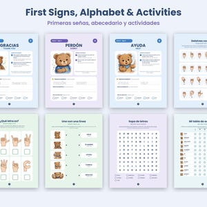 May include: A collection of eight educational activity sheets titled First Signs, Alphabet & Activities. The pages feature illustrations of a brown bear, sign language hand gestures, word search puzzles, and star charts for tracking progress.