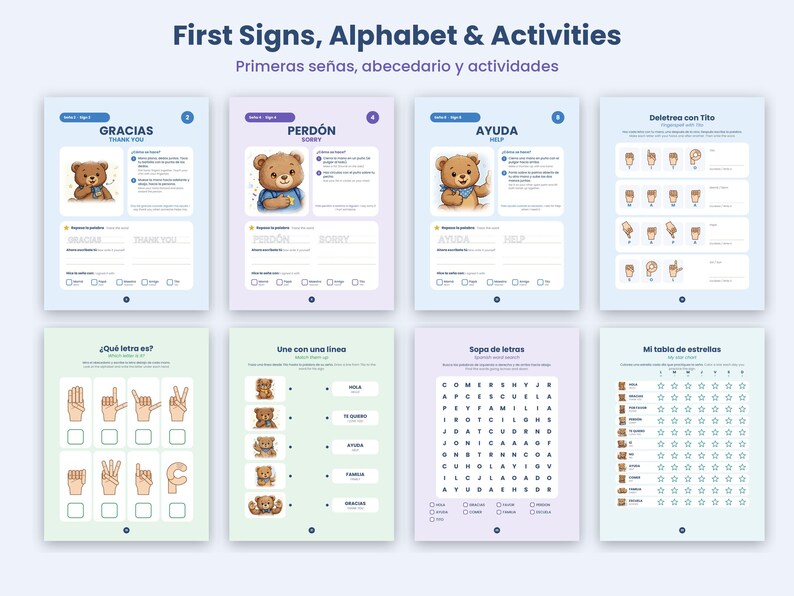 May include: A collection of eight educational activity sheets titled First Signs, Alphabet & Activities. The pages feature illustrations of a brown bear, sign language hand gestures, word search puzzles, and star charts for tracking progress.