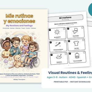 May include: A 52-page printable PDF workbook titled Mis rutinas y emociones featuring an illustrated cover with four diverse children and a teddy bear, plus interior pages with black and white line art icons for daily morning routines.