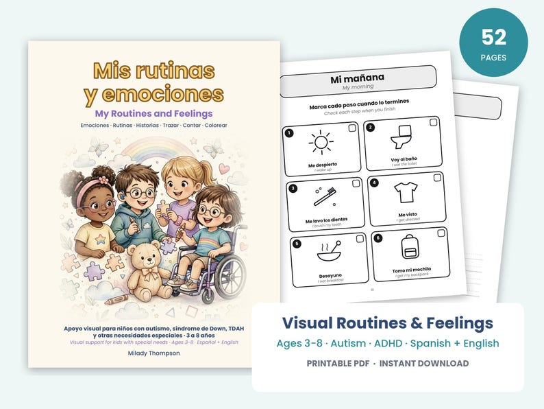 May include: A 52-page printable PDF workbook titled Mis rutinas y emociones featuring an illustrated cover with four diverse children and a teddy bear, plus interior pages with black and white line art icons for daily morning routines.