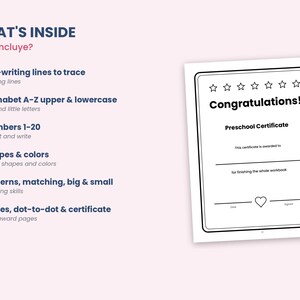 May include: A preschool certificate page with a black border, six stars at the top, and a heart at the bottom. The text reads Congratulations! Preschool Certificate, This certificate is awarded to, for finishing the whole workbook, Date, and Signed.