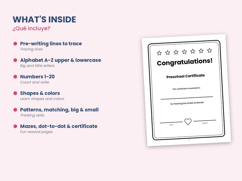 May include: A preschool certificate page with a black border, six stars at the top, and a heart at the bottom. The text reads Congratulations! Preschool Certificate, This certificate is awarded to, for finishing the whole workbook, Date, and Signed.