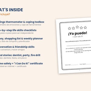 May include: A document titled WHAT'S INSIDE listing contents including a feelings thermometer, life skills checklists, money and planner tools, social stories, and online safety, alongside a certificate titled &iexcl;Yo puedo! I can do it!