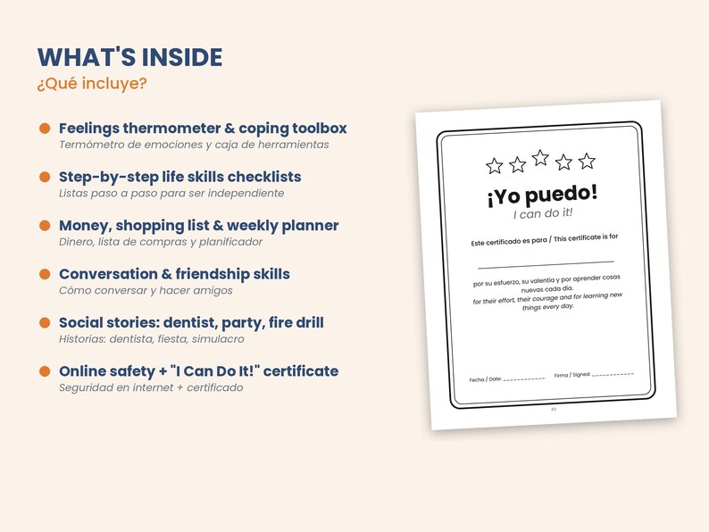 May include: A document titled WHAT'S INSIDE listing contents including a feelings thermometer, life skills checklists, money and planner tools, social stories, and online safety, alongside a certificate titled &iexcl;Yo puedo! I can do it!
