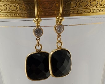 Elegant Bling: Edgy Squares of Black Onyx with Party Sparkle Cubic Zirconia Earrings
