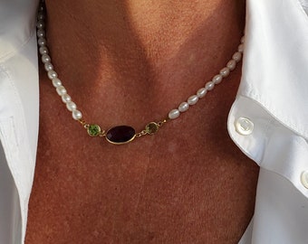 Amethyst, Peridot and White  Pearl Choker Necklace