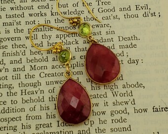 Queen of Stones: LARGE Bright Peridot and Raw Ruby Teardrop Earrings