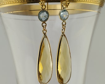 Summer Morning: Light Blue Topaz and Golden Citrine Elongated Teardrop Earrings